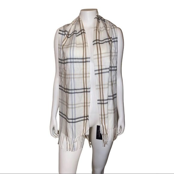 Steve Madden Plaid Ivory Fringe Muffler Scarf NWT - Picture 3 of 5